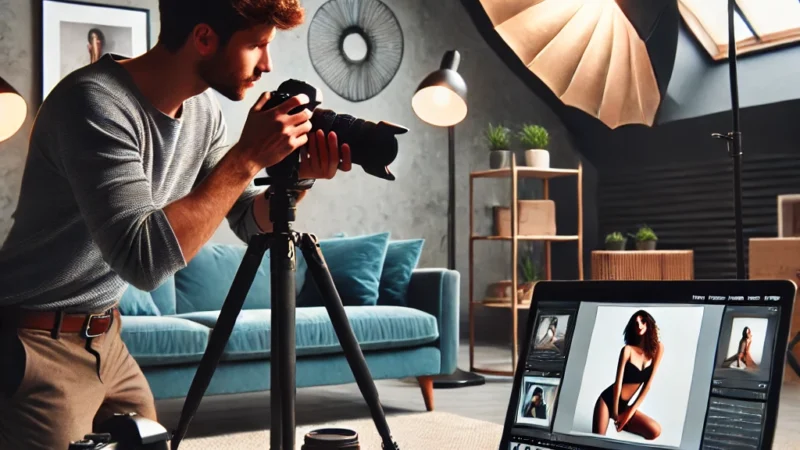 A professional photographer setting up a photoshoot in a stylish studio, featuring a camera on a tripod, softbox lighting, and a laptop displaying editing tools and pictures.
