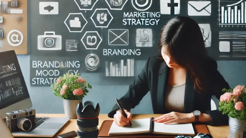 A professional photographer working on a marketing strategy at a stylish desk, surrounded by a camera, laptop, social media icons, and a branding mood.