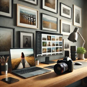 A professional photography portfolio setup, featuring a high-end DSLR camera on a wooden desk, next to a sleek laptop displaying a photography website.