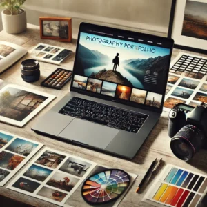 A professional photography portfolio setup, featuring a sleek laptop displaying a beautifully designed photography portfolio website.