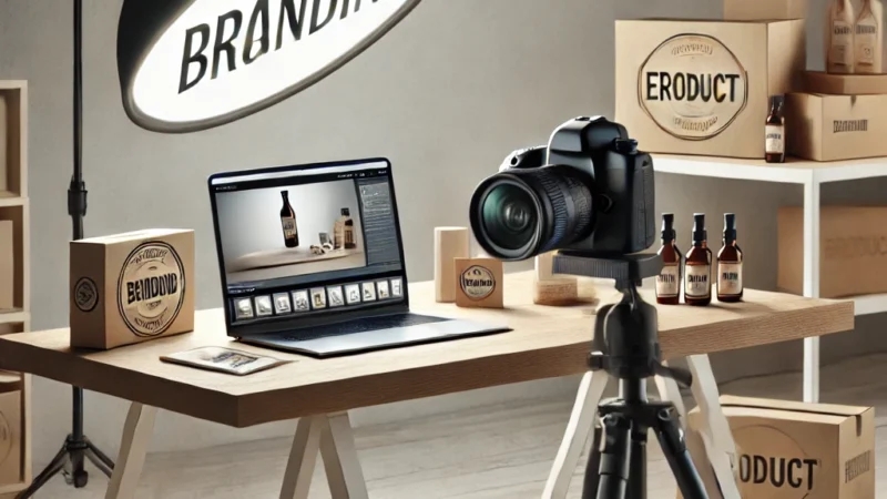 A professional photography setup emphasizing branding in product photography. The image features a well-lit studio with a DSLR camera on a tripod.