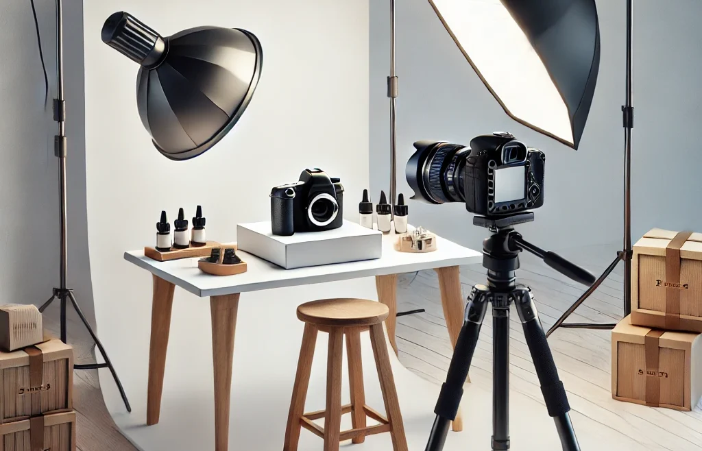 A professional photography setup for capturing high-quality product photos for Shopify stores. The scene includes a well-lit white backdrop, a DSLR camera.