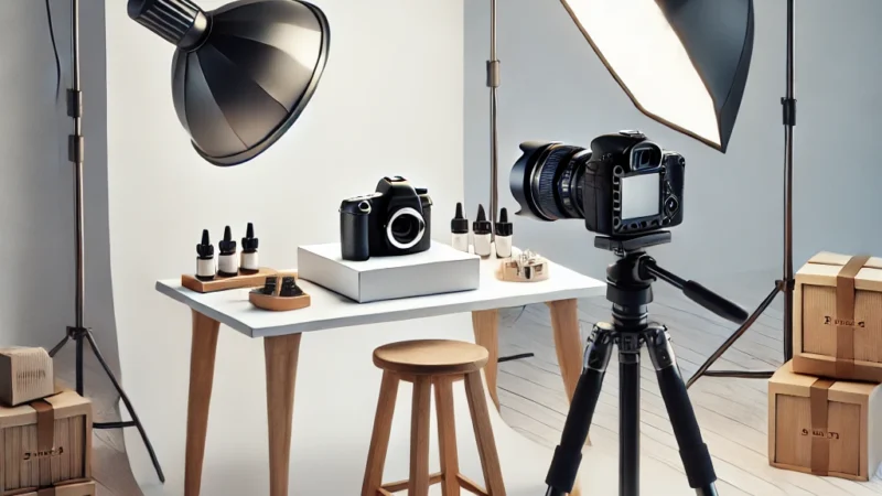 A professional photography setup for capturing high-quality product photos for Shopify stores. The scene includes a well-lit white backdrop, a DSLR camera.