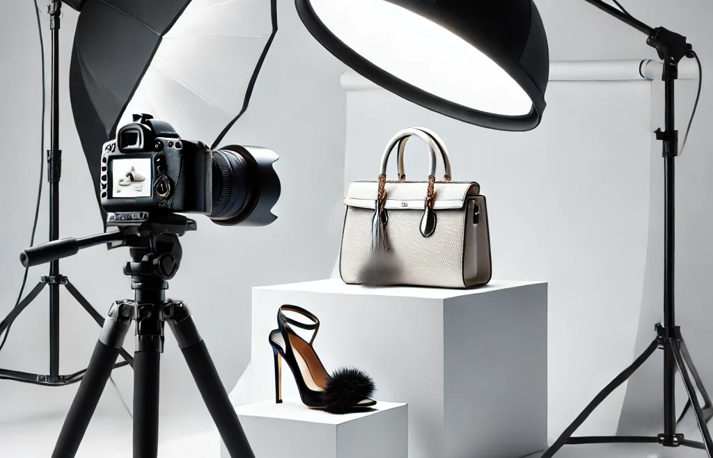 A professional photography setup for white background product photography. A high-quality camera is mounted on a tripod, capturing an elegant product