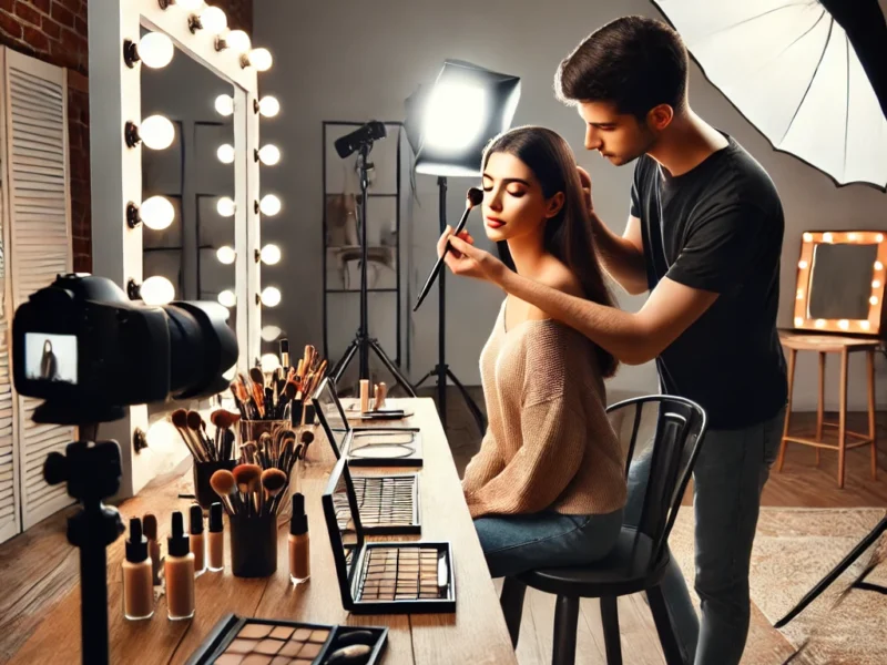 A professional photography studio setup with a makeup artist applying makeup to a model before a portfolio shoot. The setting is well-lit with photographer.