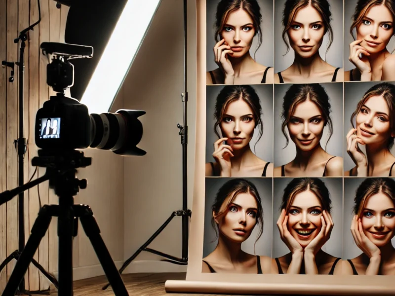 A professional photography studio setup with a model showcasing various facial expressions. The model transitions through emotions like confidence.