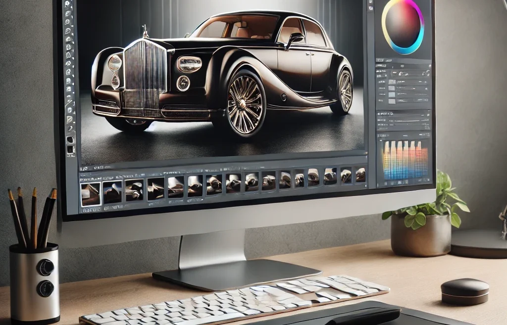A professional product photo editing setup featuring a high-resolution monitor displaying a luxury product image, a graphics tablet, and editing software.