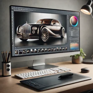 A professional product photo editing setup featuring a high-resolution monitor displaying a luxury product image, a graphics tablet, and editing software.