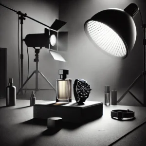 A professional product photography setup emphasizing dramatic lighting with strong shadows and highlights. A sleek, modern studio environment