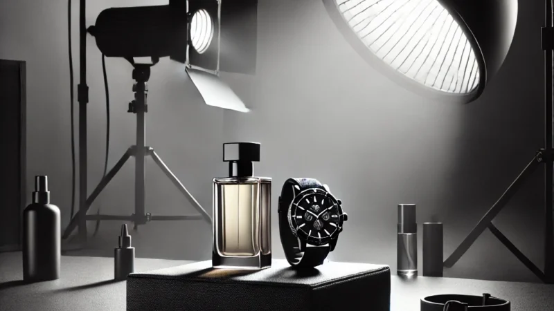 A professional product photography setup emphasizing dramatic lighting with strong shadows and highlights. A sleek, modern studio environment