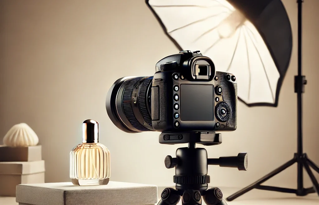 A professional product photography setup featuring a DSLR camera on a tripod, a softbox light providing diffused lighting, and a small product.