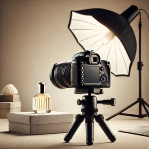 A professional product photography setup featuring a DSLR camera on a tripod, a softbox light providing diffused lighting, and a small product.