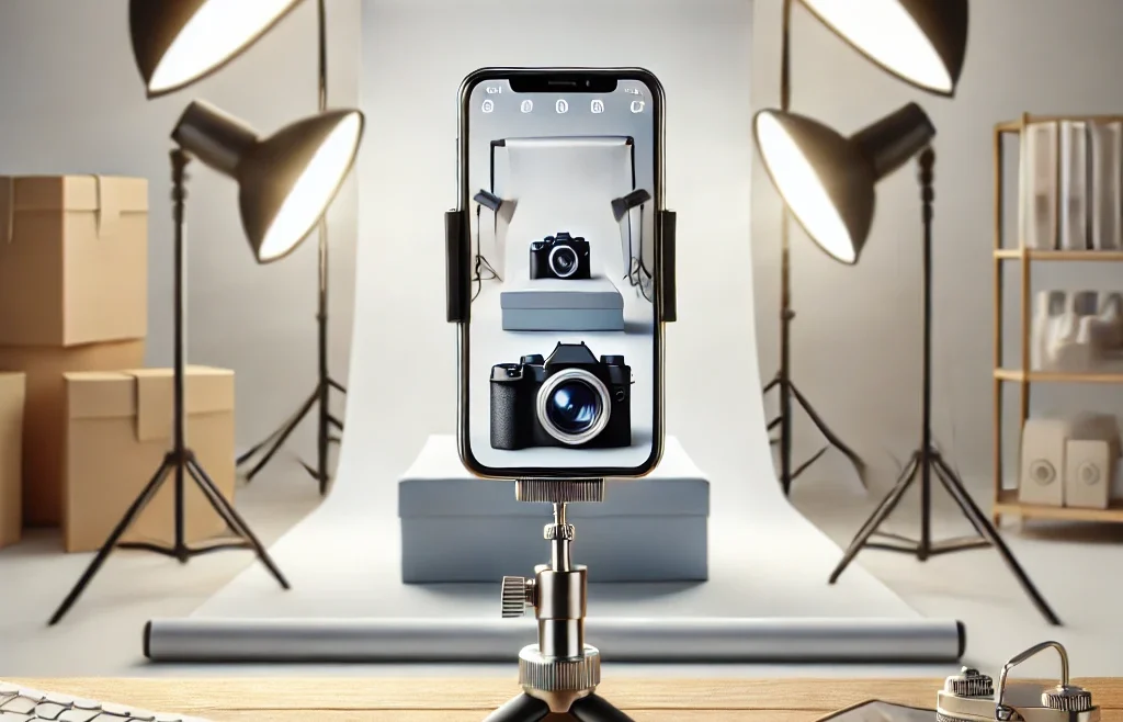 A professional smartphone product photography setup. A well-lit studio environment with a smartphone mounted on a tripod, capturing a high-quality images.