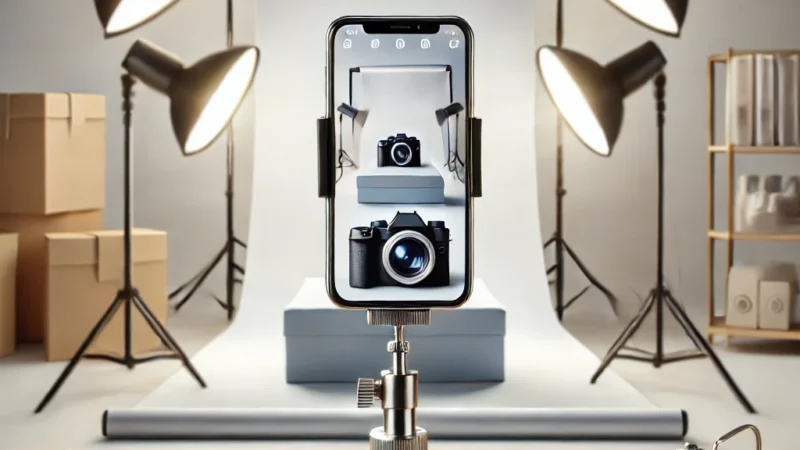 A professional smartphone product photography setup. A well-lit studio environment with a smartphone mounted on a tripod, capturing a high-quality images.