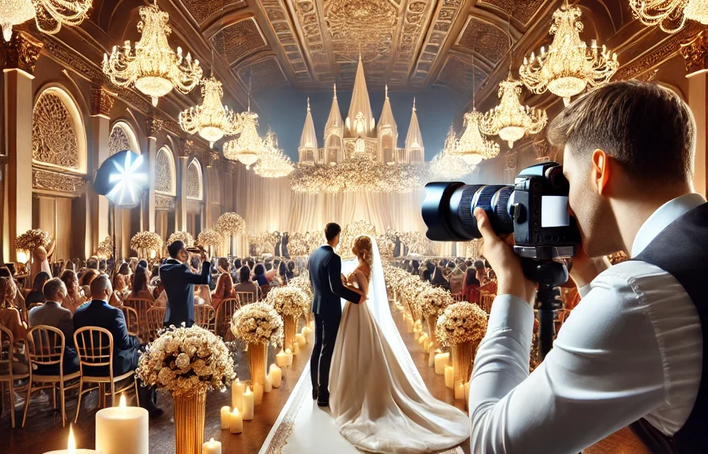 A professional wedding photographer capturing a grand wedding ceremony in an opulent venue. The image showcases a beautifully decorated hall with elegant wedding couple.