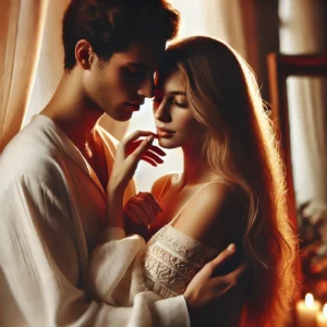 A romantic and artistic couple photography scene featuring a loving couple in an intimate pose, captured in soft, natural lighting.