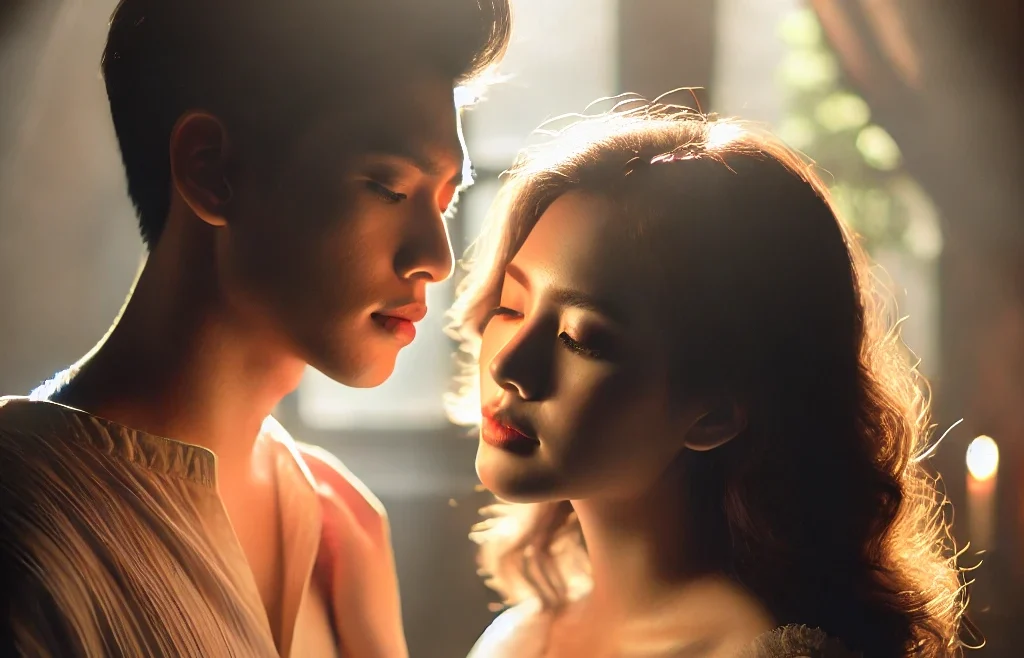 A romantic and artistic couple photography scene featuring warm, soft lighting. The couple is in an intimate pose, with a dreamy, moody atmosphere.