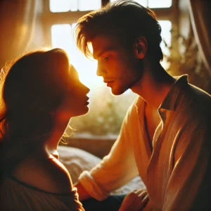A romantic and artistic couple photography scene, softly lit with warm tones. The couple shares an intimate moment, either embracing or gazing into each other eye.