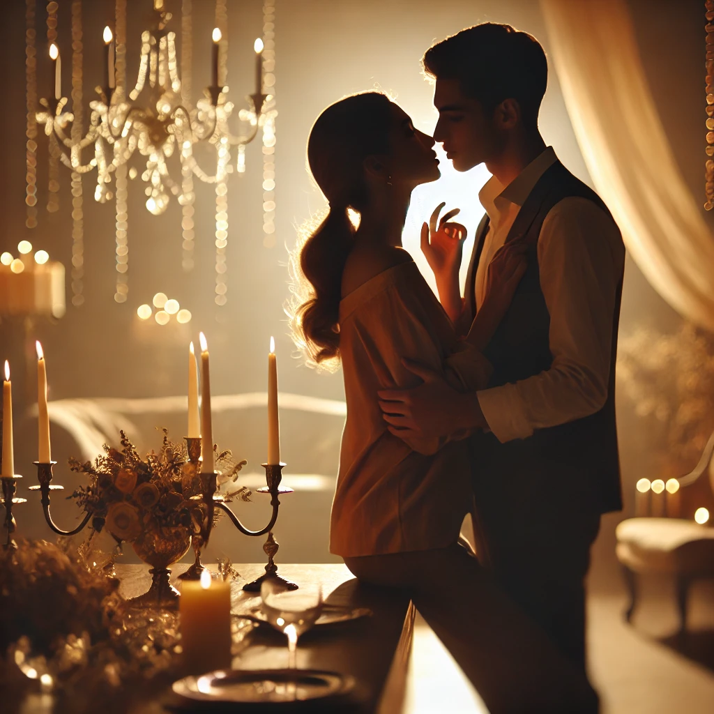 A romantic and artistic couple photography setup, featuring a loving couple in an intimate yet tasteful pose. The scene is softly lit with warm, golden light.