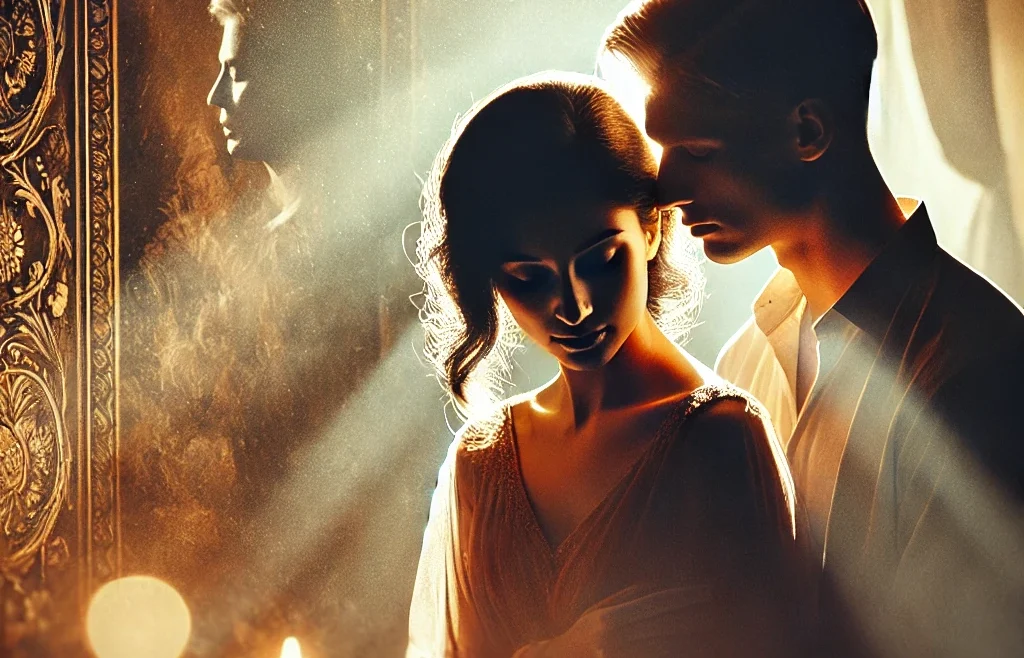 A romantic and artistic intimate photography scene capturing a couple in a softly lit, elegant setting. The mood is warm and passionate, with soft shadow.