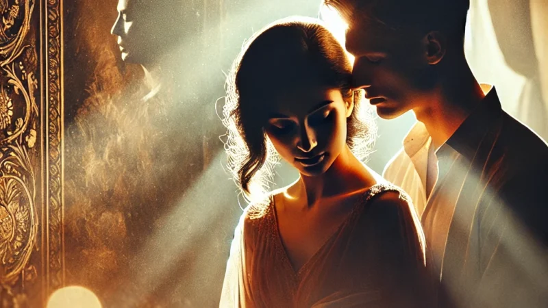 A romantic and artistic intimate photography scene capturing a couple in a softly lit, elegant setting. The mood is warm and passionate, with soft shadow.