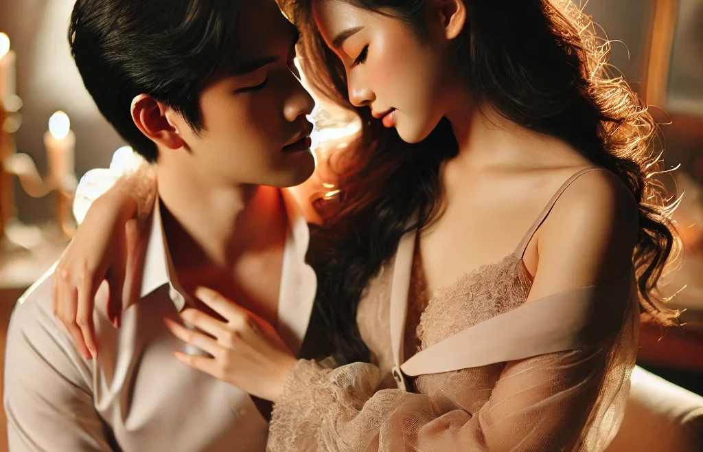 A romantic and elegant couple photography scene with soft lighting, intimate poses, and a warm atmosphere.