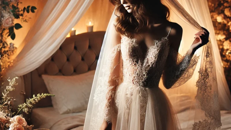 A romantic and intimate bridal boudoir photography setup with soft lighting, a bride elegantly posing in delicate lace lingerie.