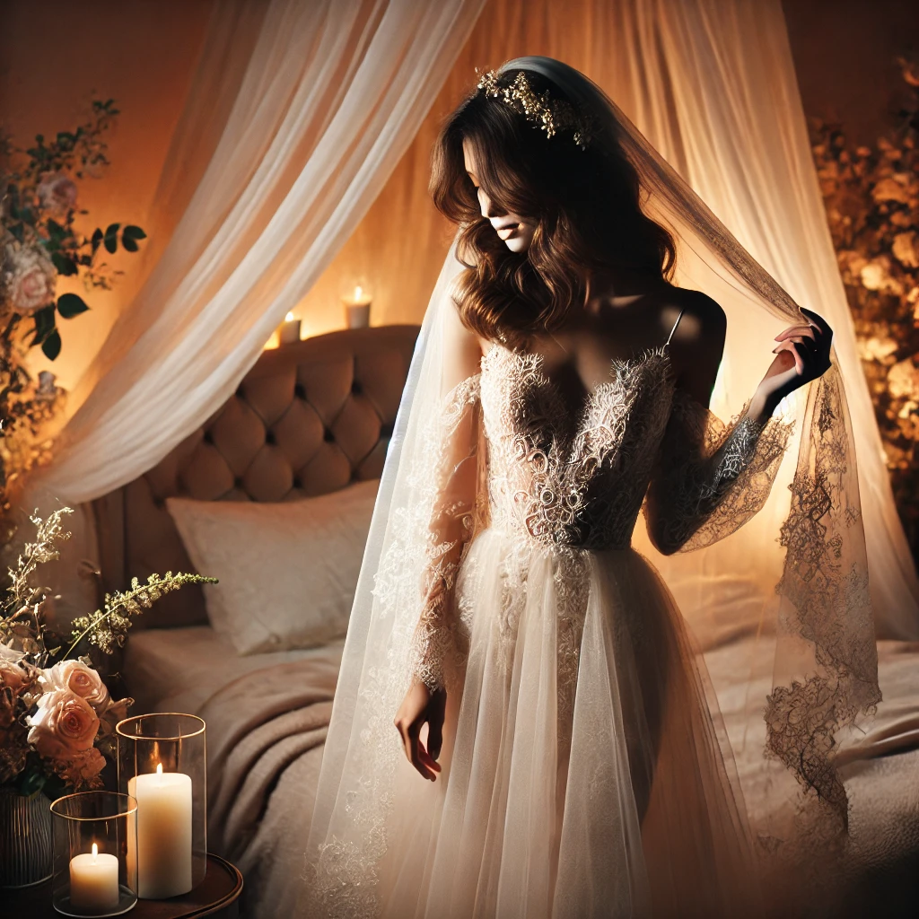 A romantic and intimate bridal boudoir photography setup with soft lighting, a bride elegantly posing in delicate lace lingerie.