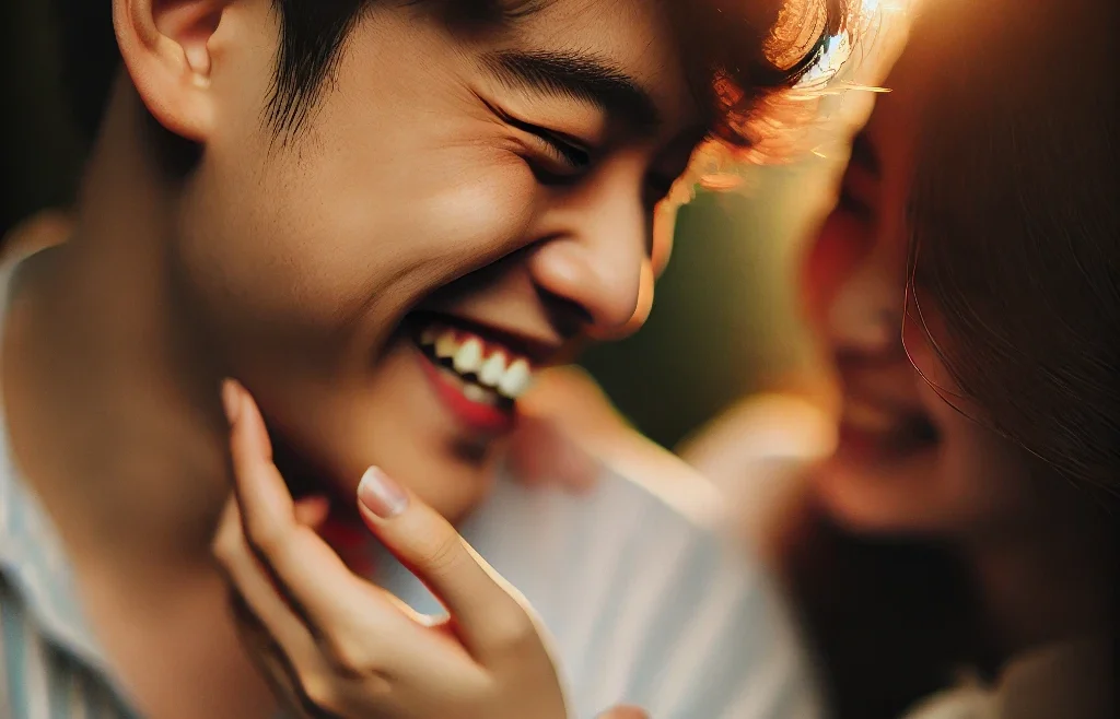 A romantic and intimate candid couple photoshoot scene, with soft natural lighting and a dreamy atmosphere. The couple is laughing and sharing a gentleman.