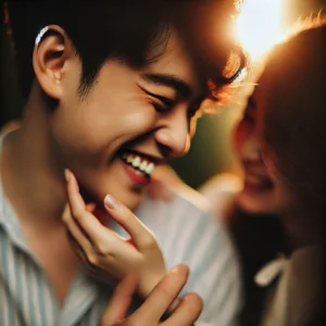 A romantic and intimate candid couple photoshoot scene, with soft natural lighting and a dreamy atmosphere. The couple is laughing and sharing a gentleman.