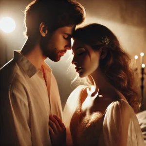 A romantic and sensual couple photoshoot scene featuring a softly lit, intimate moment between two people.