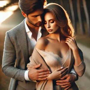 A romantic couple posing for a photoshoot in an intimate and elegant embrace. The man gently holds the woman’s waist while she rests her head on his chest.