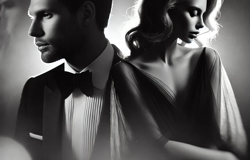 A sophisticated and artistic black-and-white photography scene featuring a couple in an intimate and emotional pose. The image highlights the contrast.