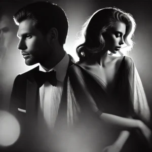 A sophisticated and artistic black-and-white photography scene featuring a couple in an intimate and emotional pose. The image highlights the contrast.