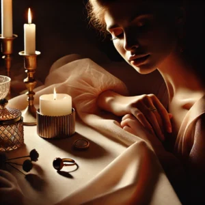 A sophisticated and artistic boudoir photography scene featuring dramatic shadows and warm, intimate lighting. The image showcases a softly lit subject.