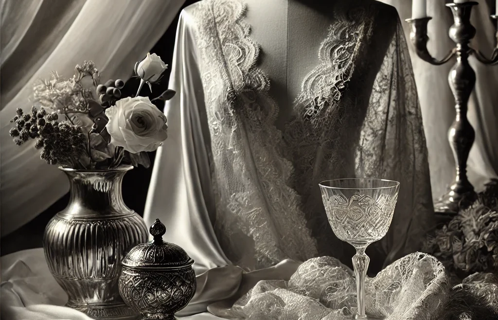 A sophisticated and artistic boudoir photography scene featuring soft lighting, luxurious fabrics like silk and lace, and an elegant monochrome color.