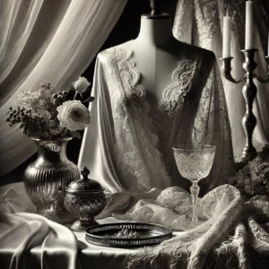 A sophisticated and artistic boudoir photography scene featuring soft lighting, luxurious fabrics like silk and lace, and an elegant monochrome color.