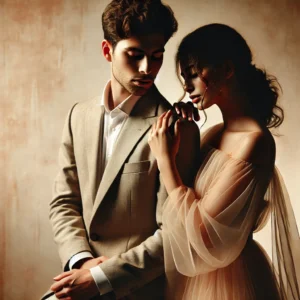 A sophisticated and artistic couple photography setup, featuring a romantic and intimate pose in soft, warm lighting.