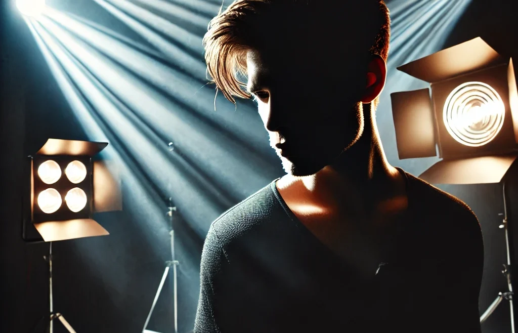A striking photography scene showcasing the interplay of shadows and light to create a dramatic photography effect. The image should feature a moody, high-contrast and low light with model.
