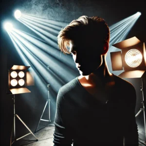 A striking photography scene showcasing the interplay of shadows and light to create a dramatic photography effect. The image should feature a moody, high-contrast and low light with model.