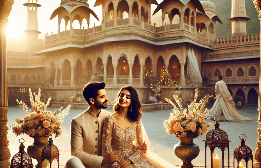 A stunning and romantic pre-wedding photoshoot set in Jaipur, India. The image features a couple dressed in elegant traditional Indian attire, posing.