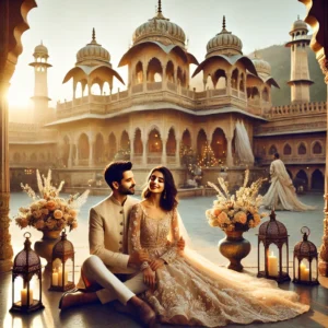 A stunning and romantic pre-wedding photoshoot set in Jaipur, India. The image features a couple dressed in elegant traditional Indian attire, posing.