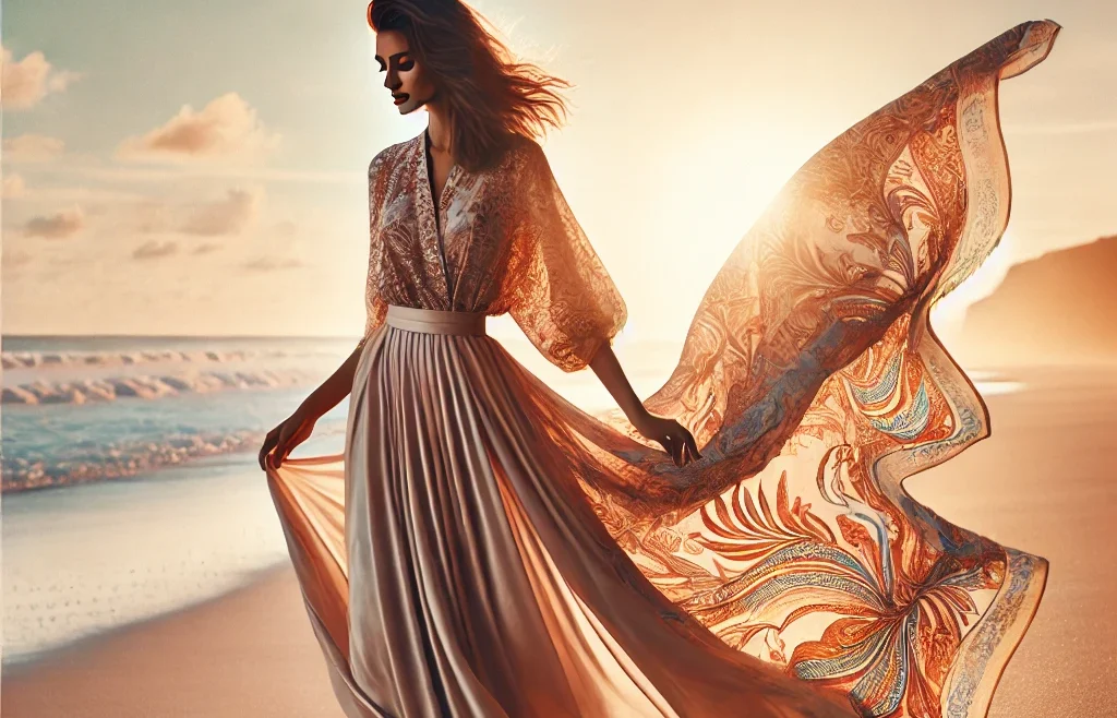 A stunning beach photoshoot scene featuring a model elegantly posing with a flowing sarong. The sunlight casts a warm glow, and the wind lifts the sarong.