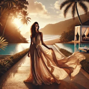 A stunning outdoor photoshoot featuring a model wearing a flowing sarong at various scenic locations_ a sunlit beach with gentle waves, an elegant poolside.