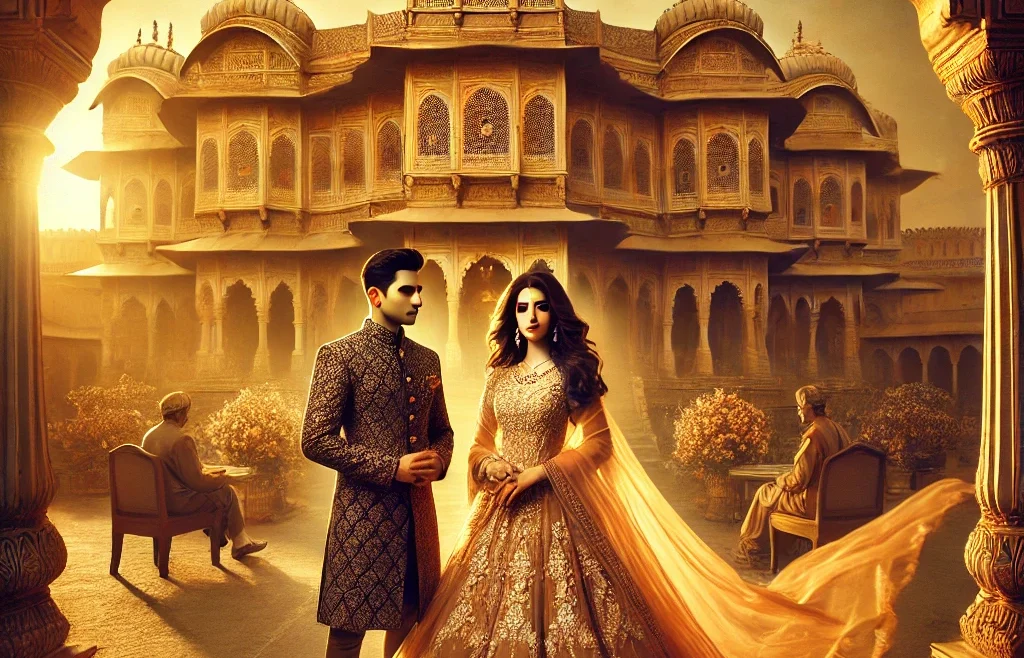 A stunning pre-wedding photoshoot scene set in Jaipur, India. A beautifully dressed couple poses in front of a grand historical palace.