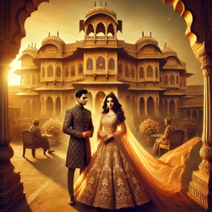 A stunning pre-wedding photoshoot scene set in Jaipur, India. A beautifully dressed couple poses in front of a grand historical palace.