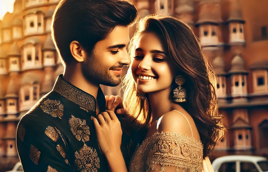 A stunning, romantic candid couple photoshoot scene set in Jaipur, India. The image captures a beautifully dressed couple in traditional Indian attire.