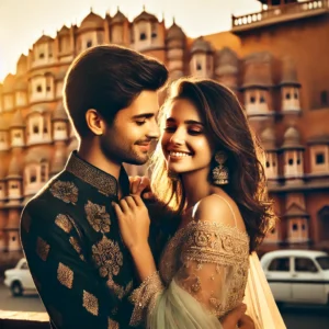 A stunning, romantic candid couple photoshoot scene set in Jaipur, India. The image captures a beautifully dressed couple in traditional Indian attire.