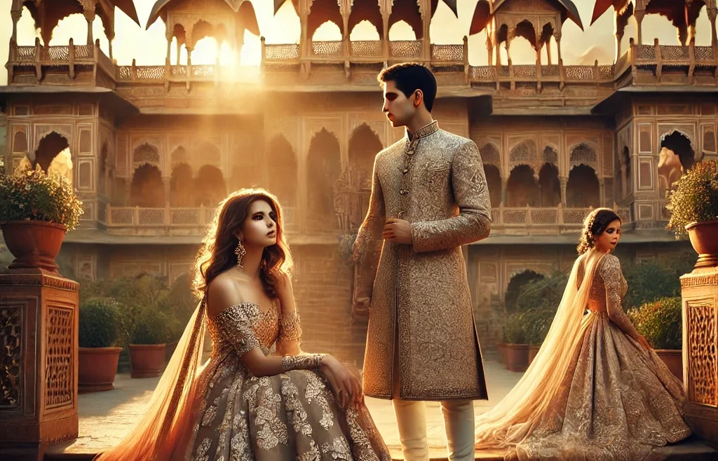 A stunning romantic couple photoshoot scene set in Jaipur, India. The image features a beautifully dressed couple in traditional Indian attire posing.