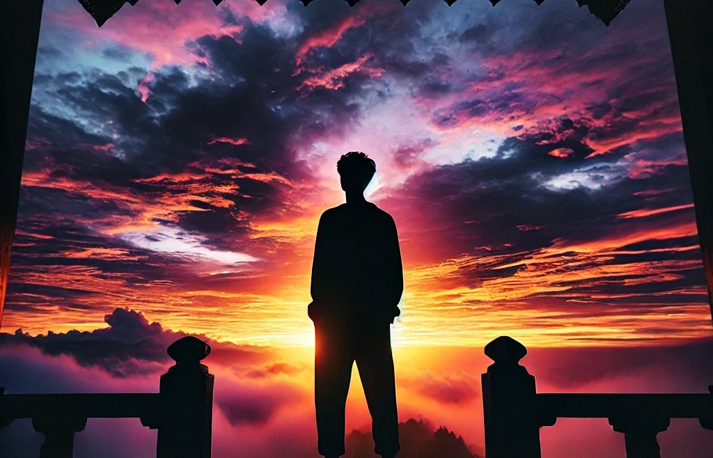 A stunning silhouette photography scene featuring a person standing against a vibrant sunset sky. The image showcases a high-contrast composition with sunset.